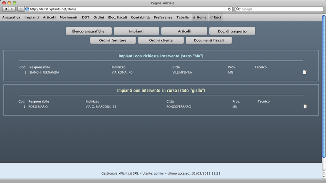 Home page, con stato degli interventi e degli ordini