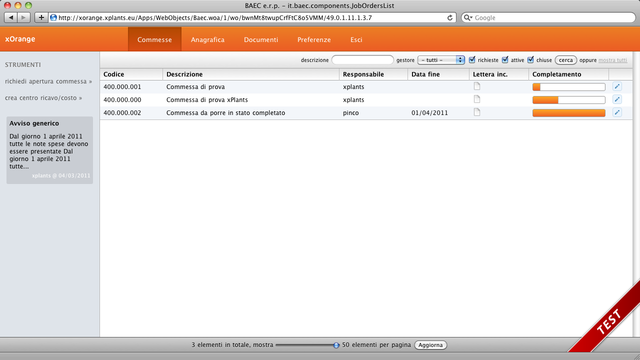 Lista delle commesse in gestione